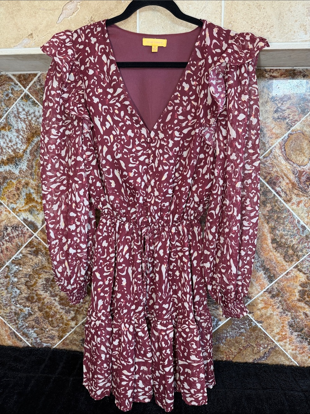 Flying Tomato Burgundy Abstract Animal Print Ruffle Wrap Dress NWOT Size S - Picture 1 of 10